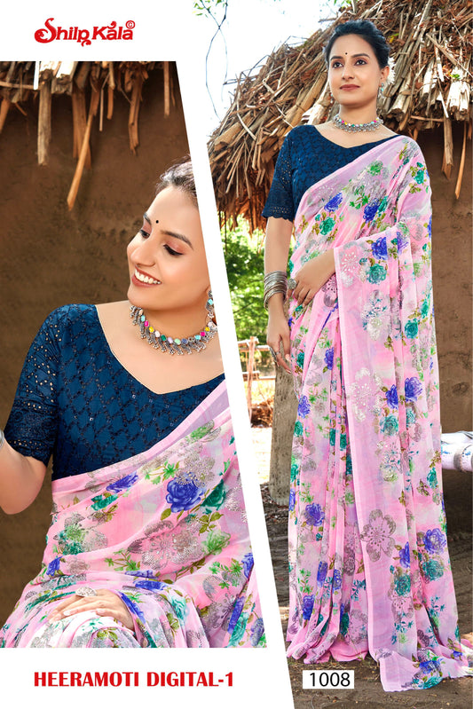 Heeramoti 1 Printed Multicolour Saree with Contrast matching Chanderi Blouse