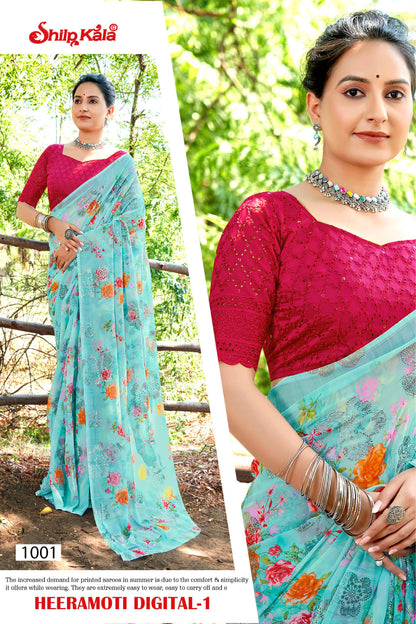 Heeramoti 1 Printed Multicolour Saree with Contrast matching Chanderi Blouse