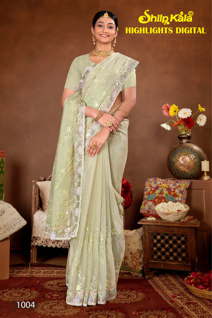 Highlights Glass Tissue Multicolour Fancy Fabric Saree with Stone Work (8 Colours Available).