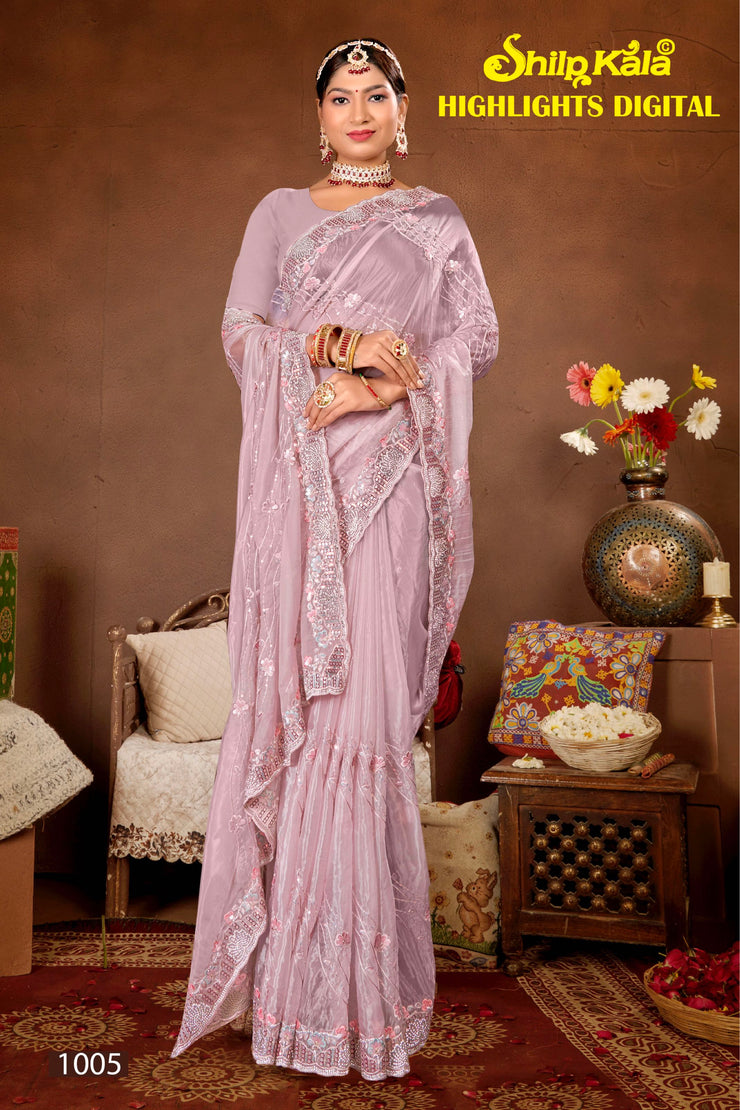 Highlights Glass Tissue Multicolour Fancy Fabric Saree with Stone Work (8 Colours Available).