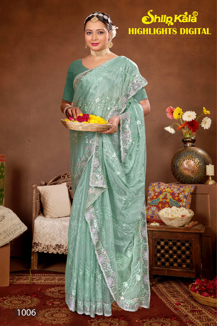 Highlights Glass Tissue Multicolour Fancy Fabric Saree with Stone Work (8 Colours Available).