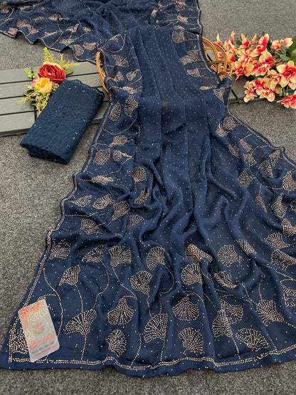 Copper Swaroski Satin Navy Blue Saree with Copper Swaroski Stone Work.