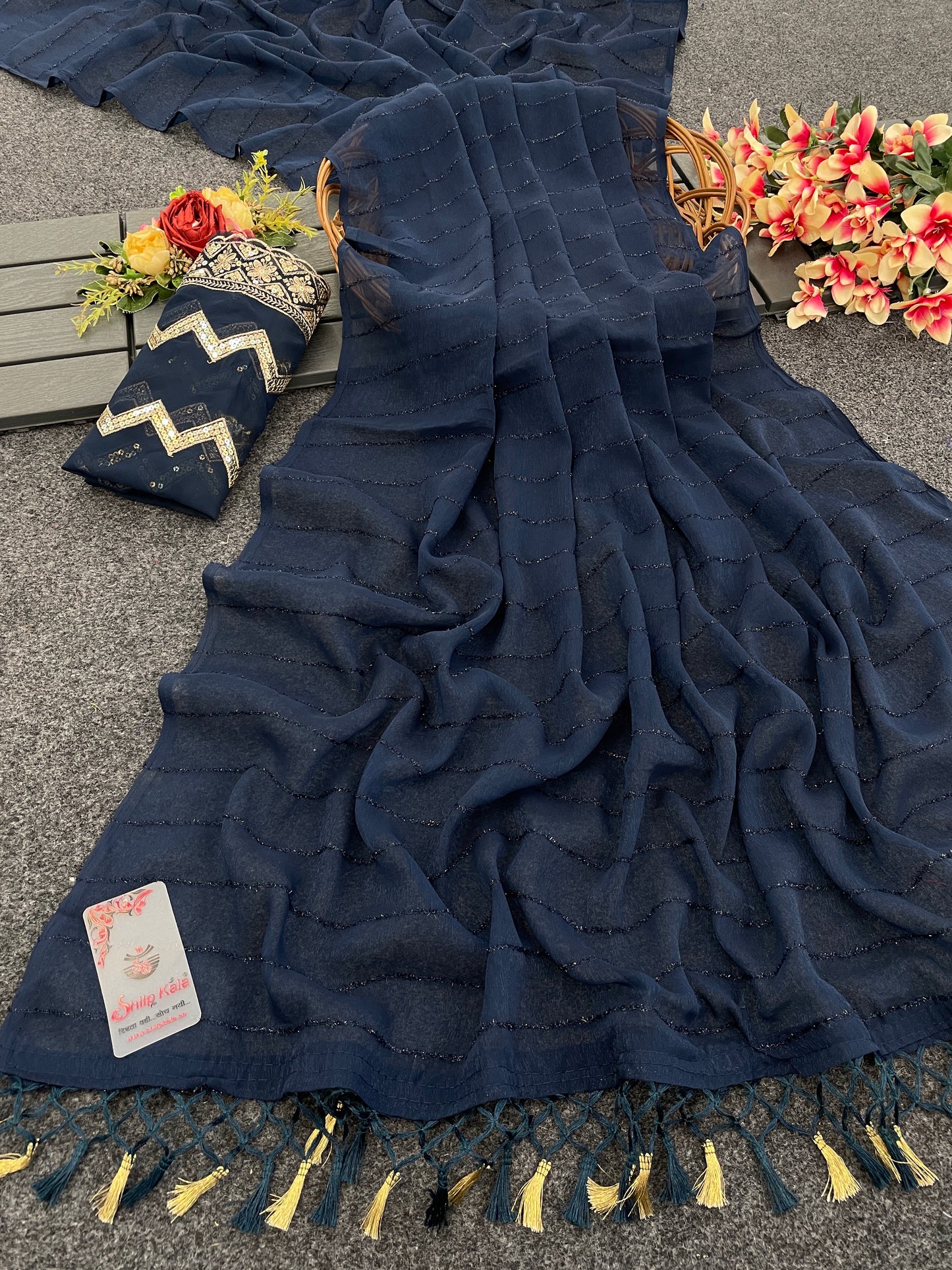 Roopkala Navy Blue  Fancy Designer Saree with Copper Foil and Work Blouse with Jhaalar