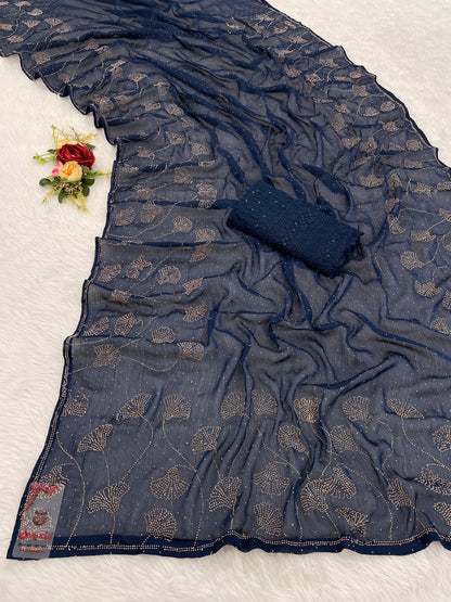 Copper Swaroski Satin Navy Blue Saree with Copper Swaroski Stone Work.