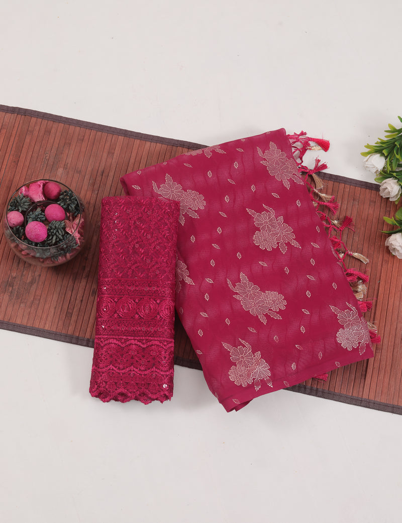 Icube Rani Pink Chiffon Saree with Net Blouse and Tone to Tone Matching