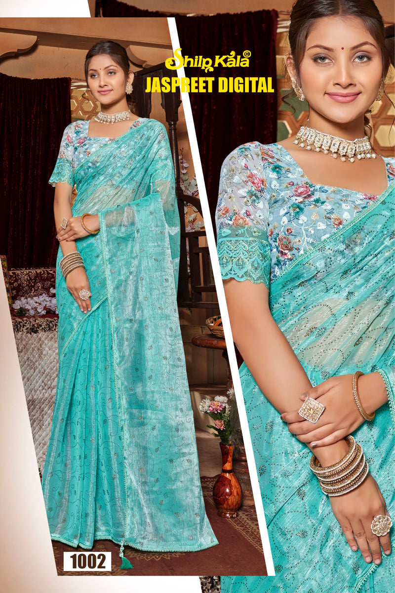 Jaspreet Multicolour Organza Saree with Digital Printed Shifli Blouse (8 Colours Available).