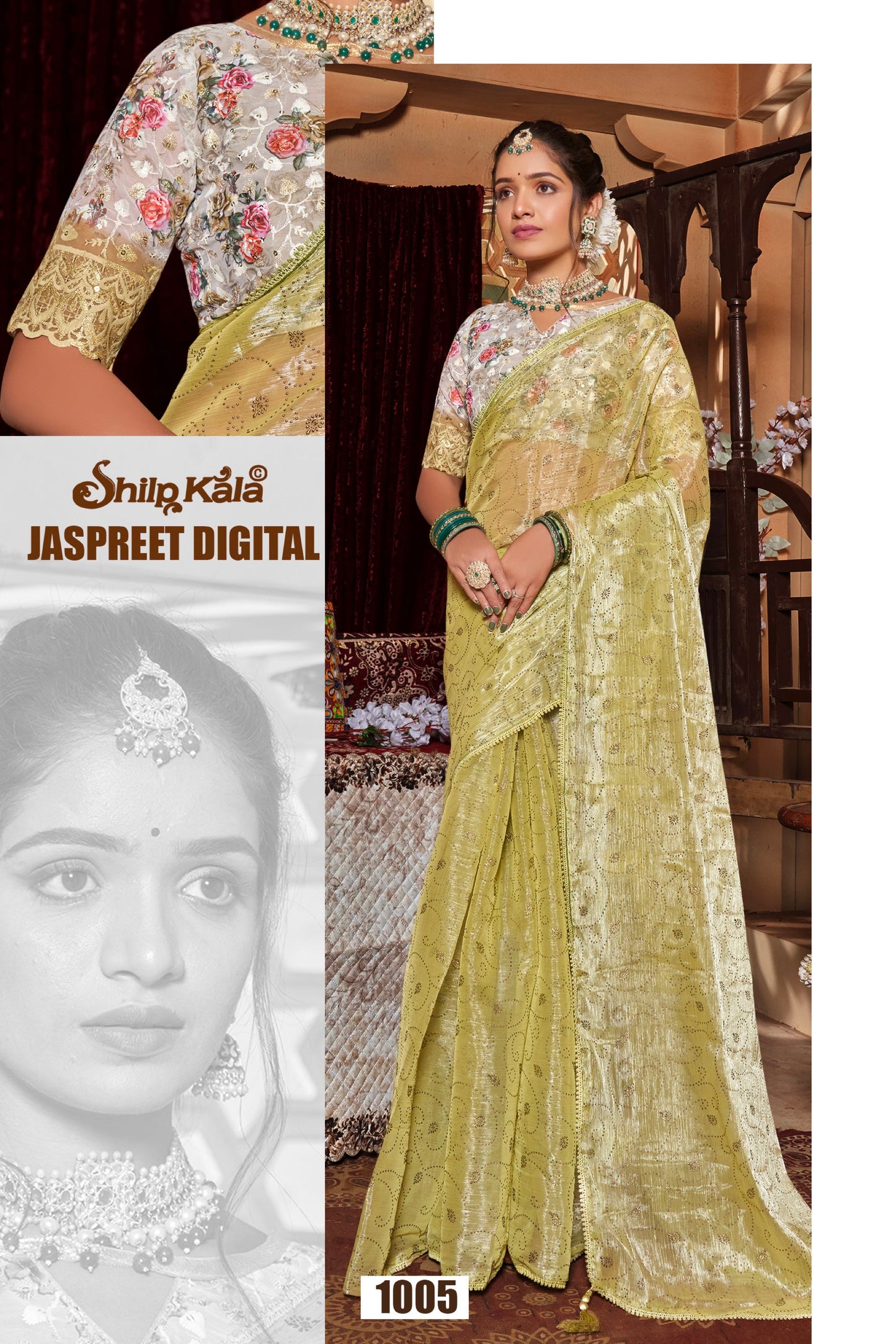 Jaspreet Multicolour Organza Saree with Digital Printed Shifli Blouse.
