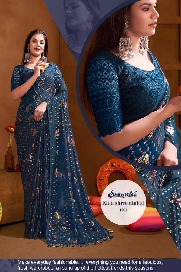 Kalashree Navy Blue Saree with Multicolor Foil and Jhaalar Border