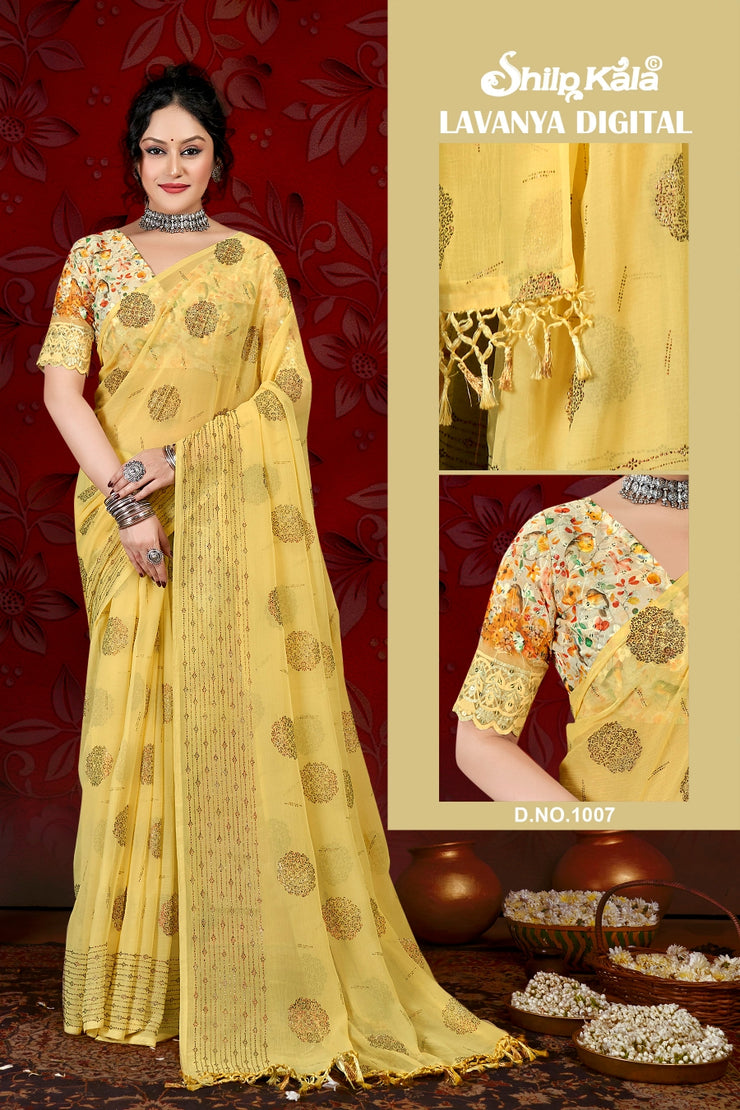 Lavanya Multicolour Fancy Chiffon Saree with Digital Printed Shifli Blouse (8 Colours Available).