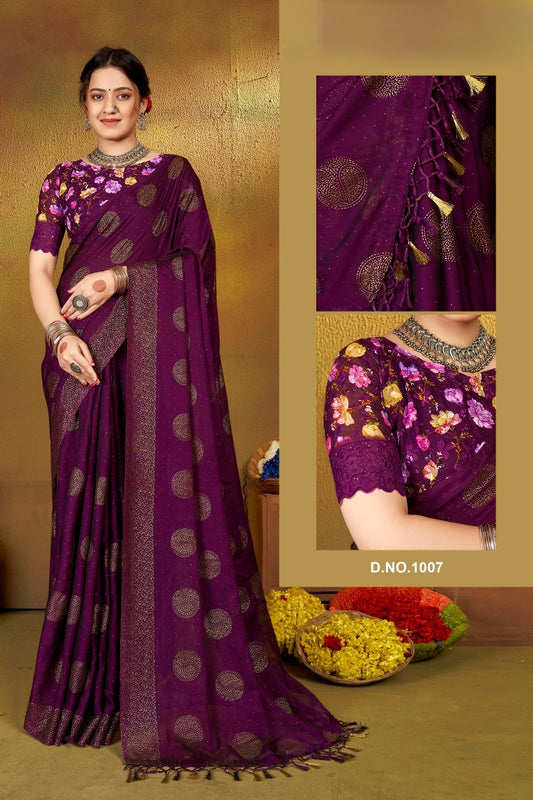 Mangalam Multicolor Moss Saree with Digital Shifli Blouse and Jhaalar Work (3 Colours Available).