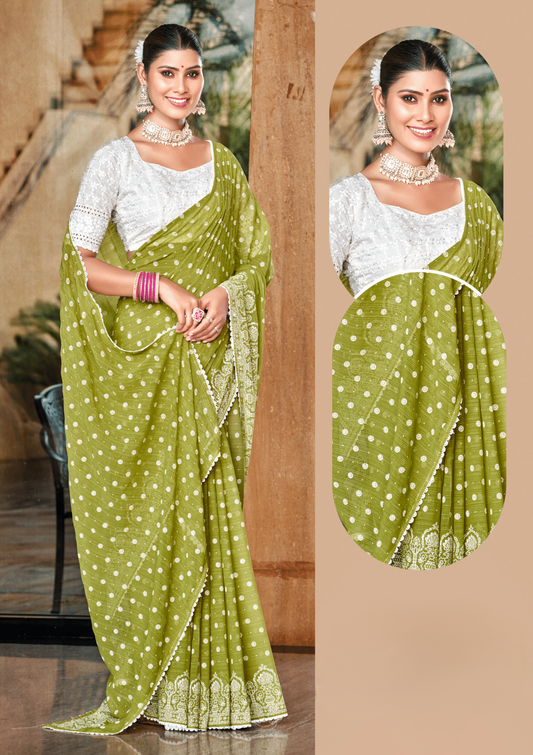 Mario Olive Green White Cat Chiffon Saree With White Chanderi Blouse And Jhalar.