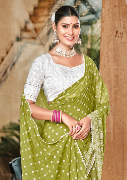 Mario Olive Green White Cat Chiffon Saree With White Chanderi Blouse And Jhalar.