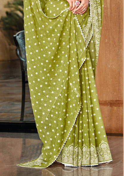 Mario Olive Green White Cat Chiffon Saree With White Chanderi Blouse And Jhalar.