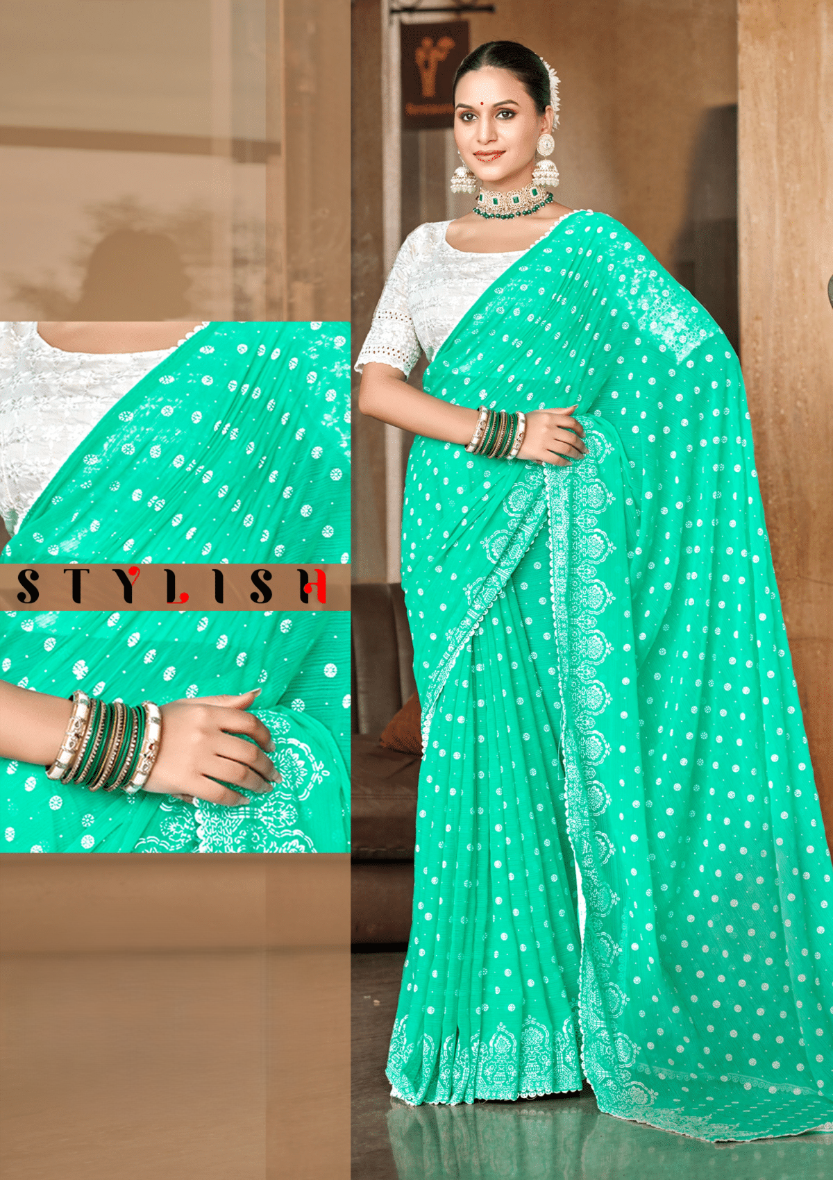 Mario Sea Green White Cat Chiffon Saree With White Chanderi Blouse And Jhalar.