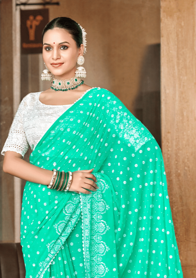 Mario Sea Green White Cat Chiffon Saree With White Chanderi Blouse And Jhalar.