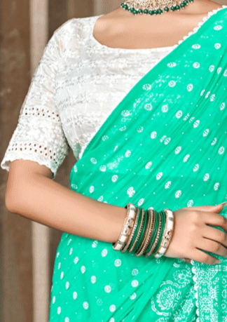 Mario Sea Green White Cat Chiffon Saree With White Chanderi Blouse And Jhalar.