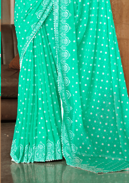 Mario Sea Green White Cat Chiffon Saree With White Chanderi Blouse And Jhalar.