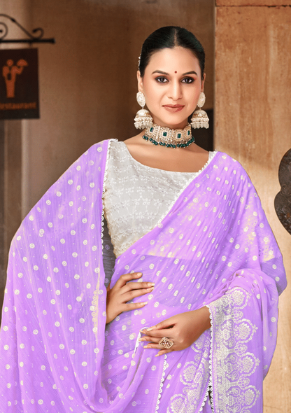 Mario Levender White Cat Chiffon Saree With White Chanderi Blouse And Jhalar.