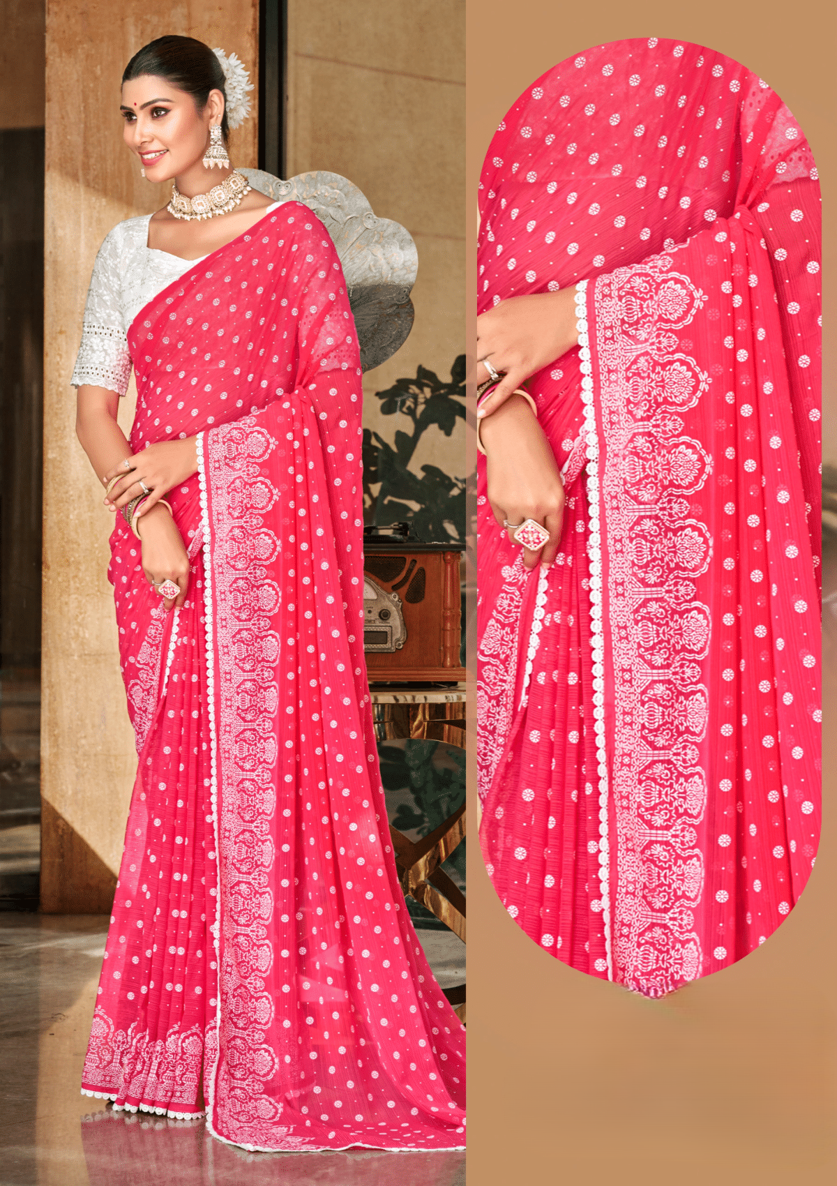 Mario Carrot Red White Cat Chiffon Saree With White Chanderi Blouse And Jhalar.