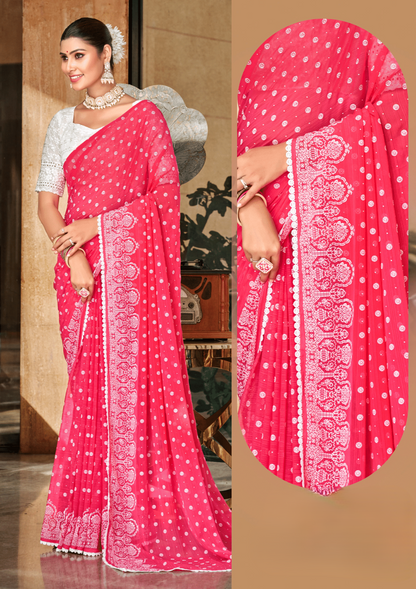 Mario Carrot Red White Cat Chiffon Saree With White Chanderi Blouse And Jhalar.