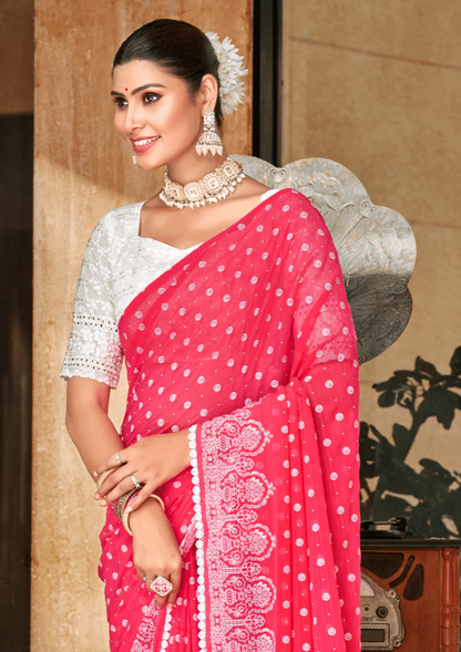 Mario Carrot Red White Cat Chiffon Saree With White Chanderi Blouse And Jhalar.