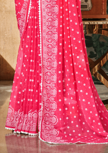 Mario Carrot Red White Cat Chiffon Saree With White Chanderi Blouse And Jhalar.