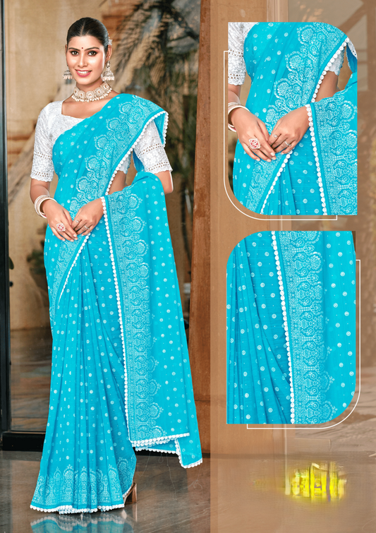 Mario Sky Blue White Cat Chiffon Saree With White Chanderi Blouse And Jhalar.