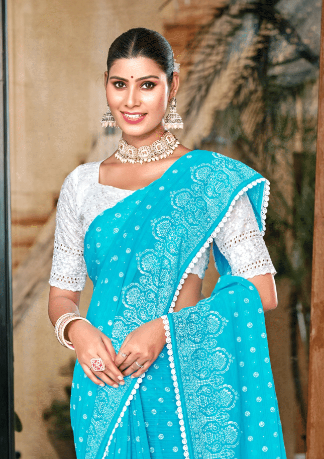 Mario Sky Blue White Cat Chiffon Saree With White Chanderi Blouse And Jhalar.