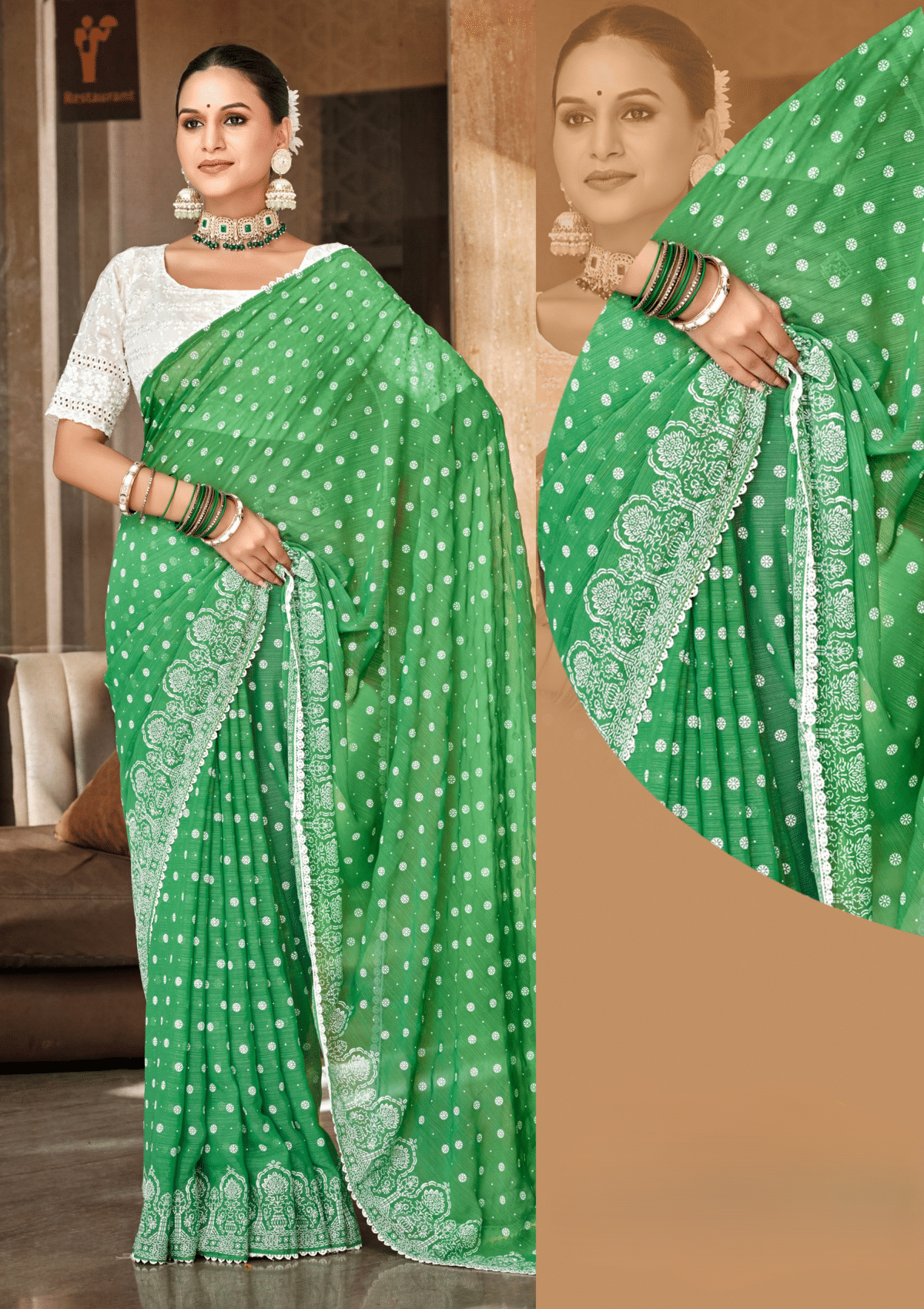 Mario Green White Cat Chiffon Saree With White Chanderi Blouse And Jhalar.