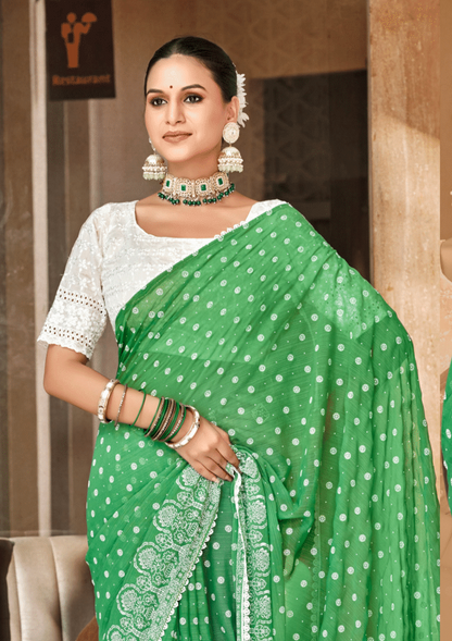 Mario Green White Cat Chiffon Saree With White Chanderi Blouse And Jhalar.