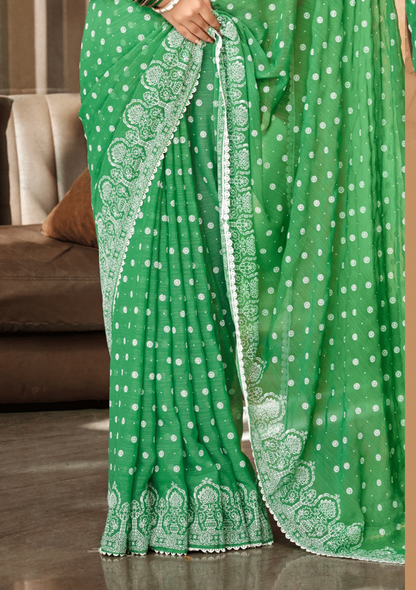 Mario Green White Cat Chiffon Saree With White Chanderi Blouse And Jhalar.