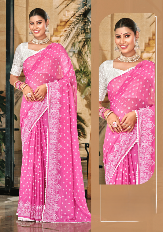 Mario Pink White Cat Chiffon Saree With White Chanderi Blouse And Jhalar.