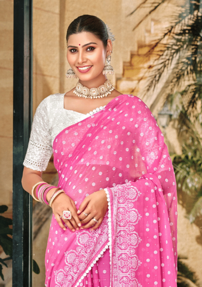 Mario Pink White Cat Chiffon Saree With White Chanderi Blouse And Jhalar.