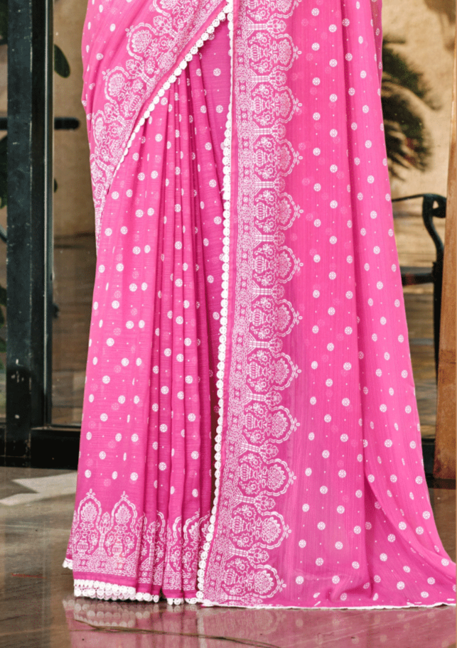 Mario Pink White Cat Chiffon Saree With White Chanderi Blouse And Jhalar.