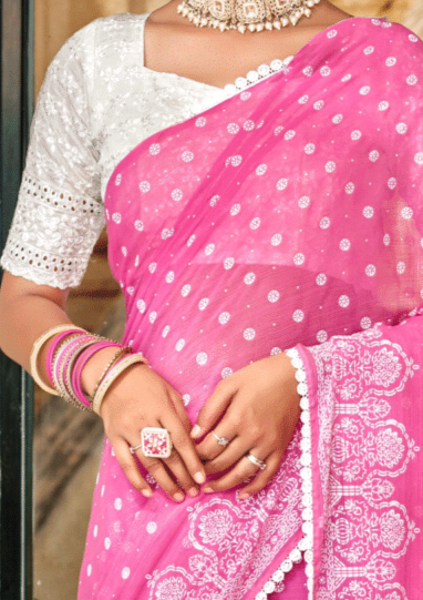 Mario Pink White Cat Chiffon Saree With White Chanderi Blouse And Jhalar.