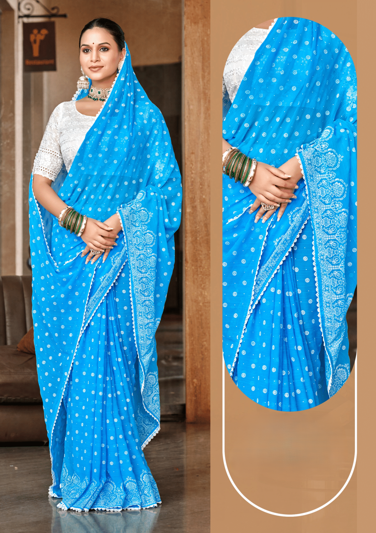 Mario Blue White Cat Chiffon Saree With White Chanderi Blouse And Jhalar.