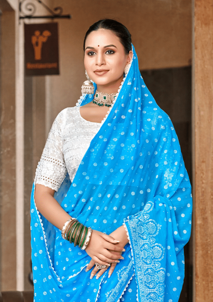 Mario Blue White Cat Chiffon Saree With White Chanderi Blouse And Jhalar.