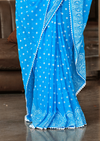 Mario Blue White Cat Chiffon Saree With White Chanderi Blouse And Jhalar.