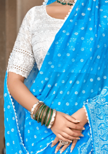 Mario Blue White Cat Chiffon Saree With White Chanderi Blouse And Jhalar.