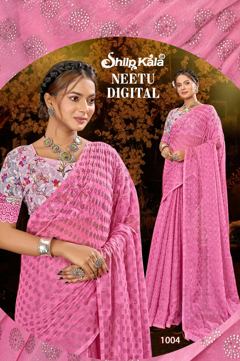 Neetu Chiffon Saree with Digital Printed Blouse (8 Colours Available)