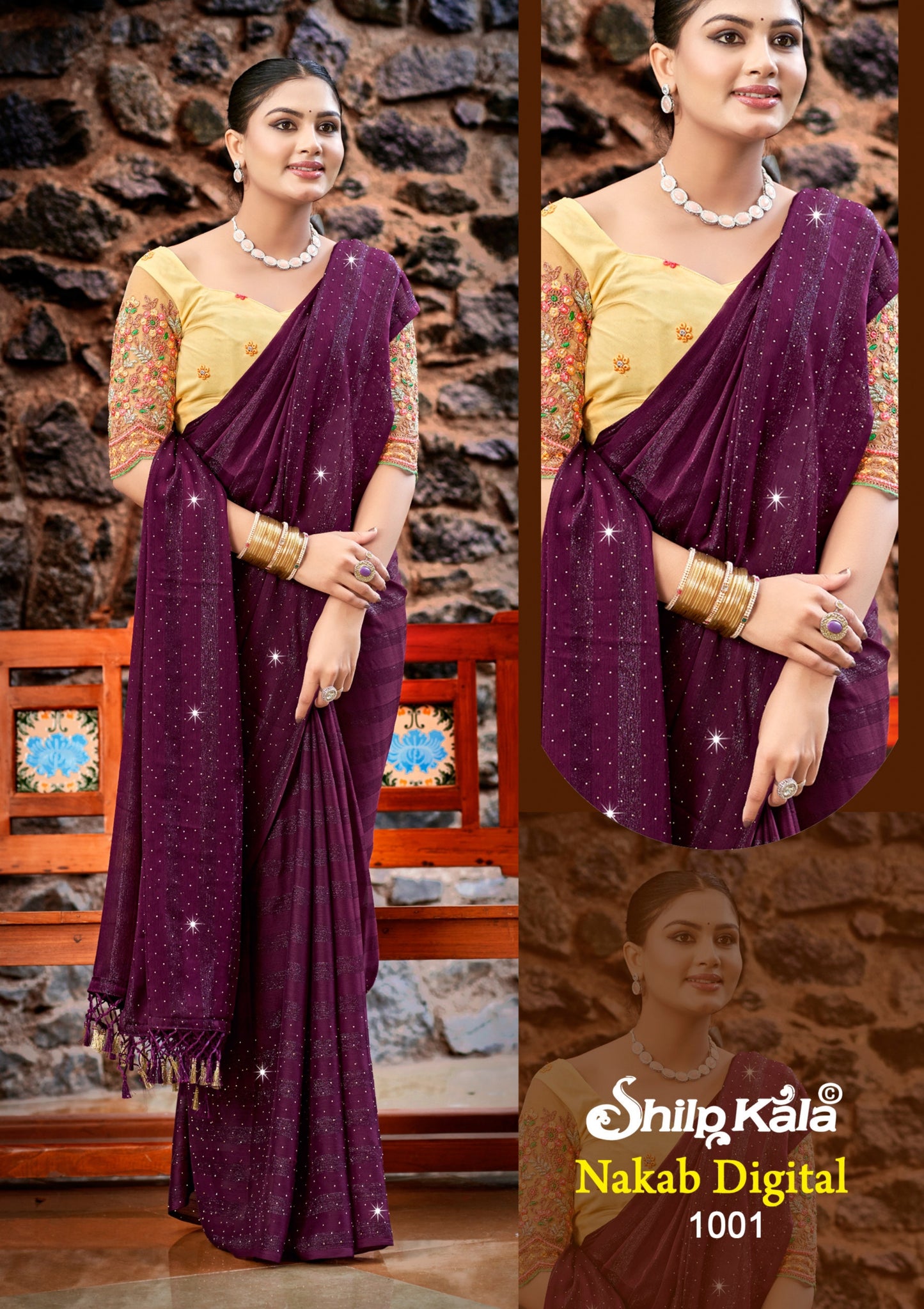 Nakab Multicolour Satin Saree with Contrast Matching Blouse