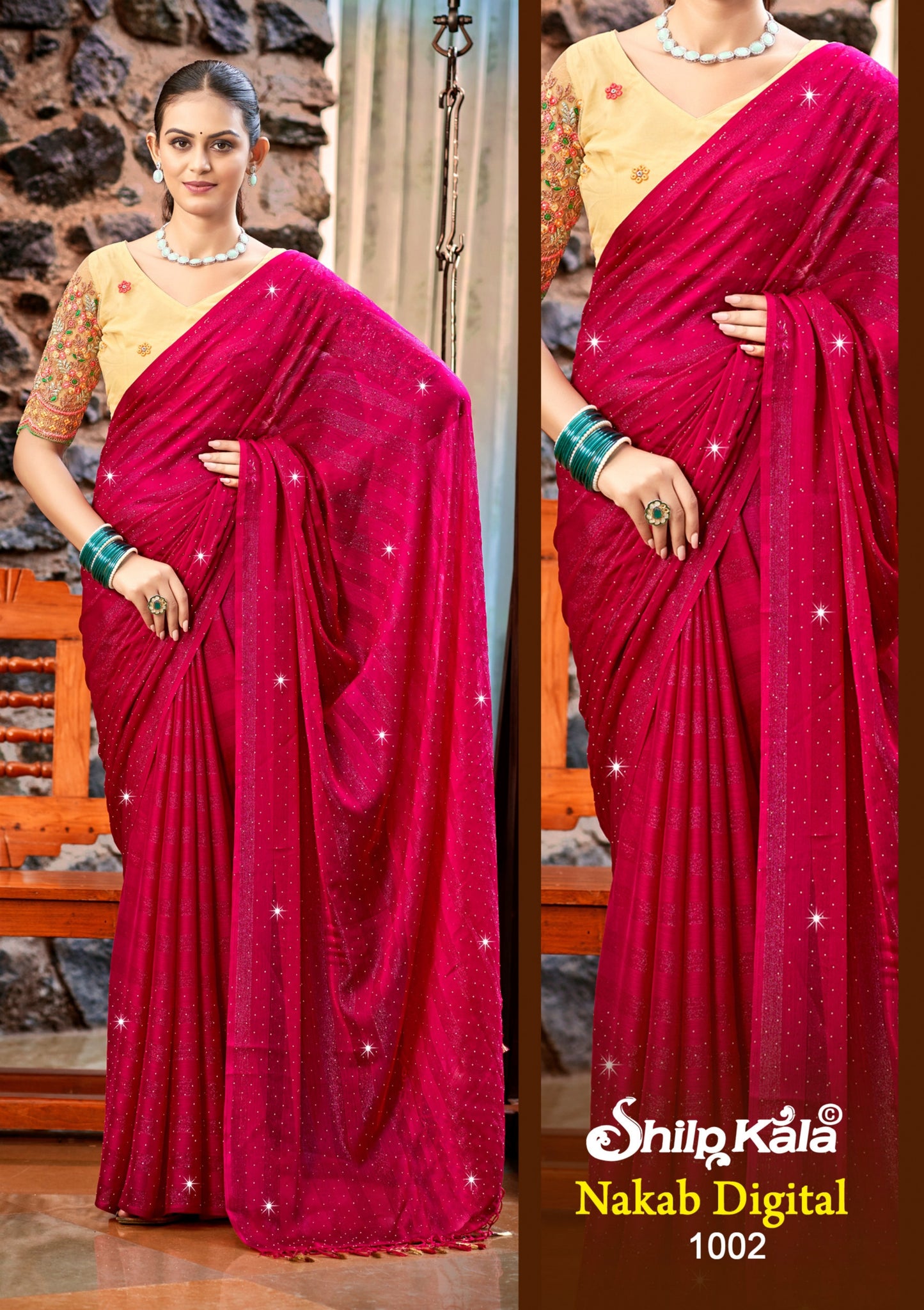 Nakab Multicolour Satin Saree with Contrast Matching Blouse