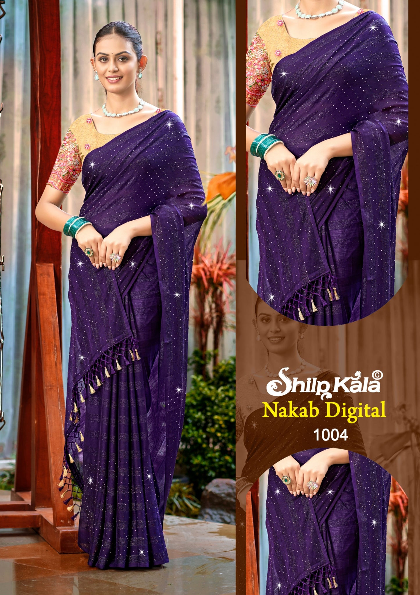 Nakab Multicolour Satin Saree with Contrast Matching Blouse