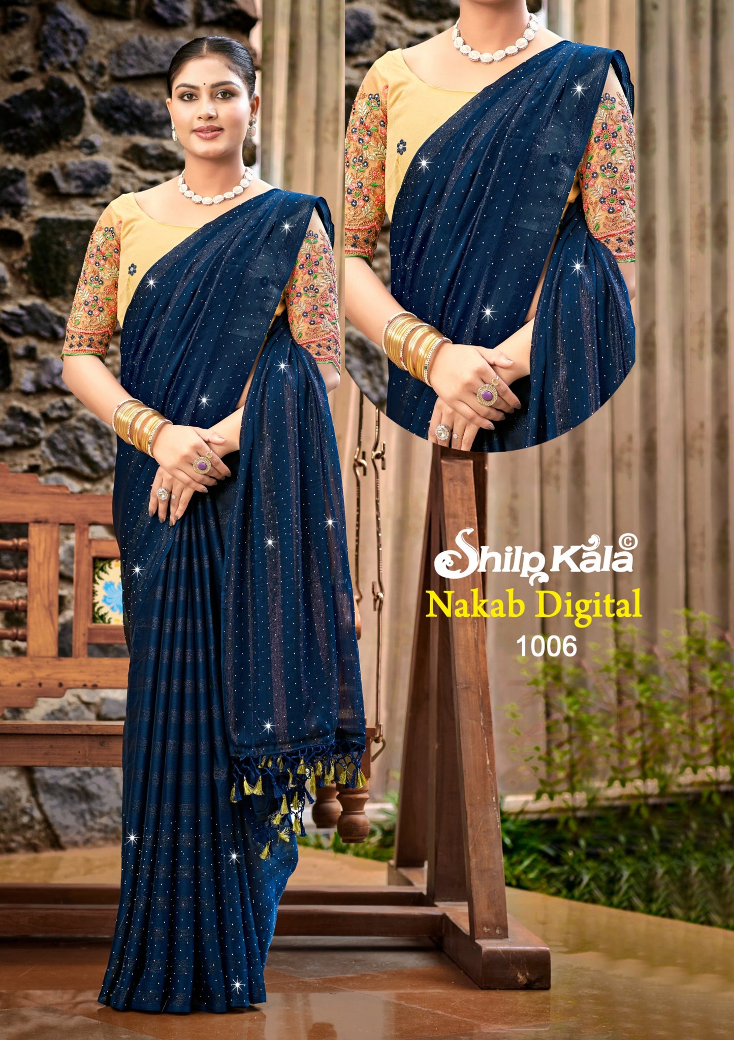 Nakab Multicolour Satin Saree with Contrast Matching Blouse