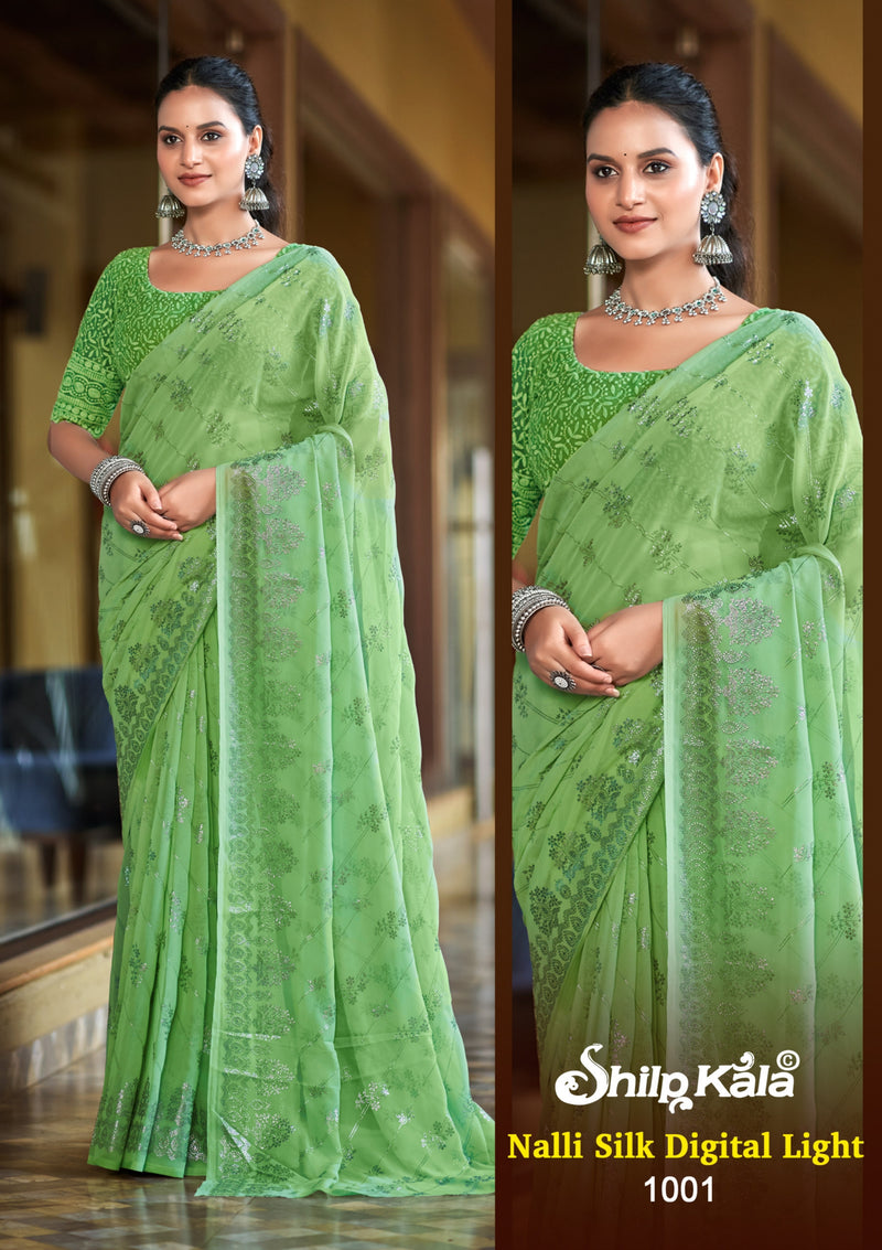 Nalli Multicolor Georgette Saree with Net Shifli Blouse (8 Colours).