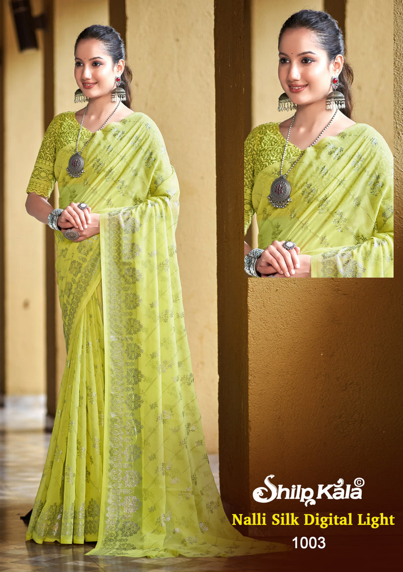 Nalli Multicolor Georgette Saree with Net Shifli Blouse (8 Colours).