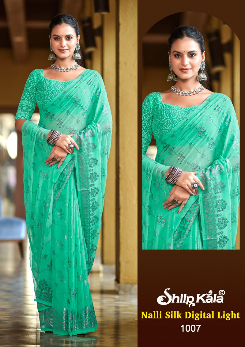 Nalli Multicolor Georgette Saree with Net Shifli Blouse (8 Colours).