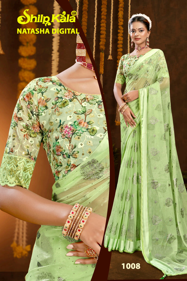 Natasha Simmer Chiffon Saree with Lace Work and Digital Printed Shifli Blouse (8 Colours).