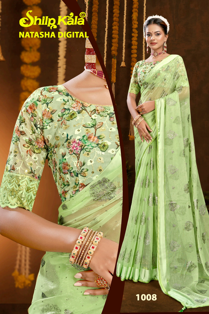 Natasha Simmer Chiffon Saree with Lace Work and Digital Printed Shifli Blouse (8 Colours).