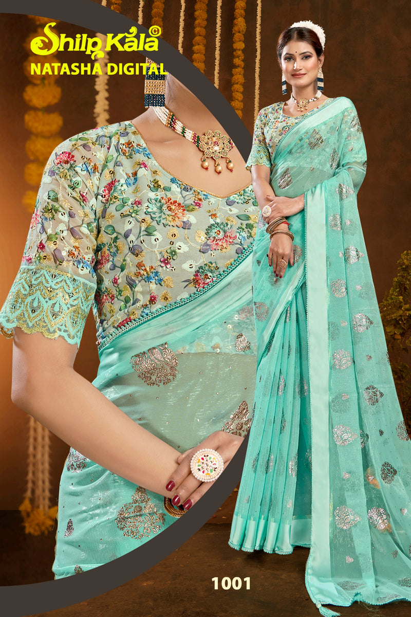 Natasha Simmer Chiffon Saree with Lace Work and Digital Printed Shifli Blouse (8 Colours).